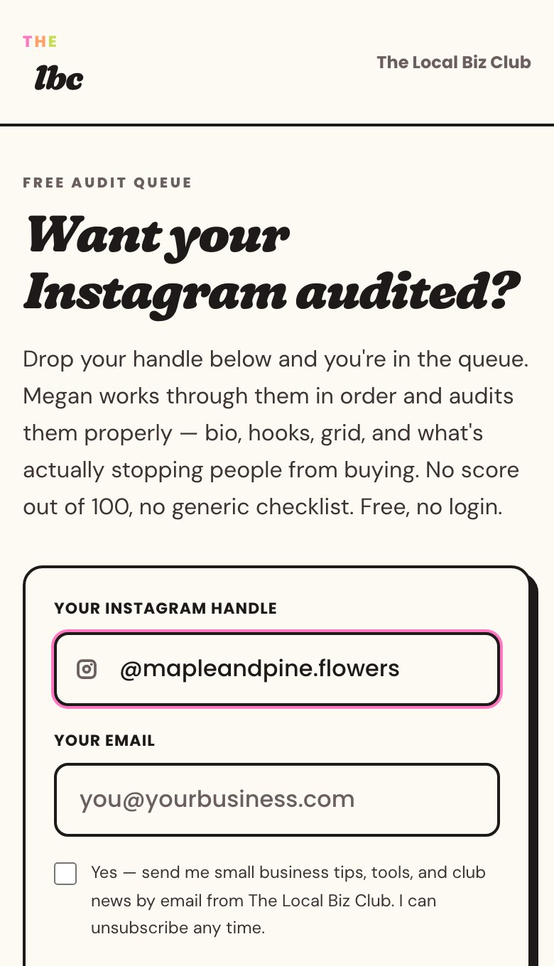 The free Instagram audit sign-up on a phone